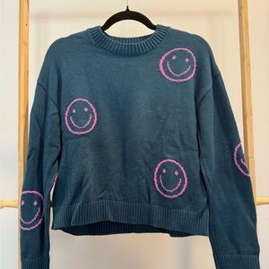 Rails Teal Sweater with Pink Smiley Faces size small